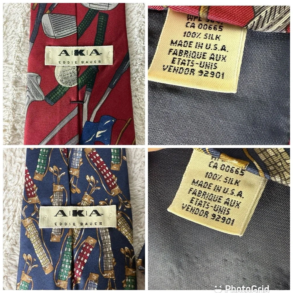 AKA Eddie Bauer Silk Golf Men's Neck Ties Bundle Of Two Red Blue‎ Novelty Tie